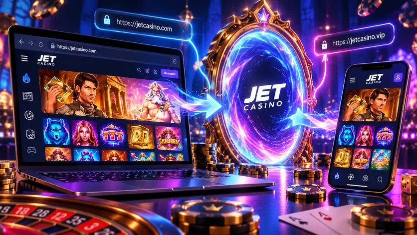 Ілюстрація дзеркала Jet Casino: той самий сайт на ноутбуці й смартфоні через резервну адресу