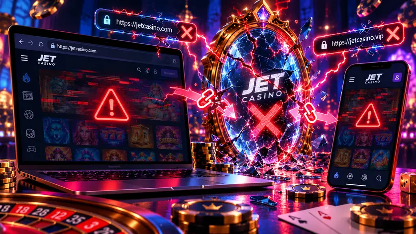 Ілюстрація недоступного дзеркала Jet Casino: помилки з’єднання на ноутбуці й смартфоні
